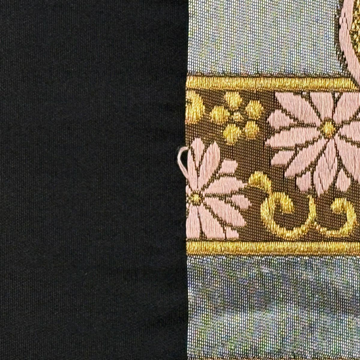袋帶 秀品級 花鳥 蝶 金銀絲 刺繡 銀 六通 純蠶絲