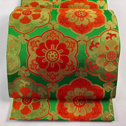 袋帶 秀品級 川島織物 落款 華紋 金絲 刺繡 黃綠 六通 純蠶絲