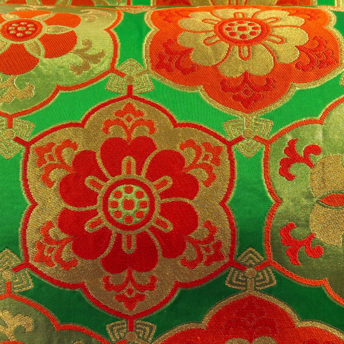 袋帶 秀品級 川島織物 落款 華紋 金絲 刺繡 黃綠 六通 純蠶絲