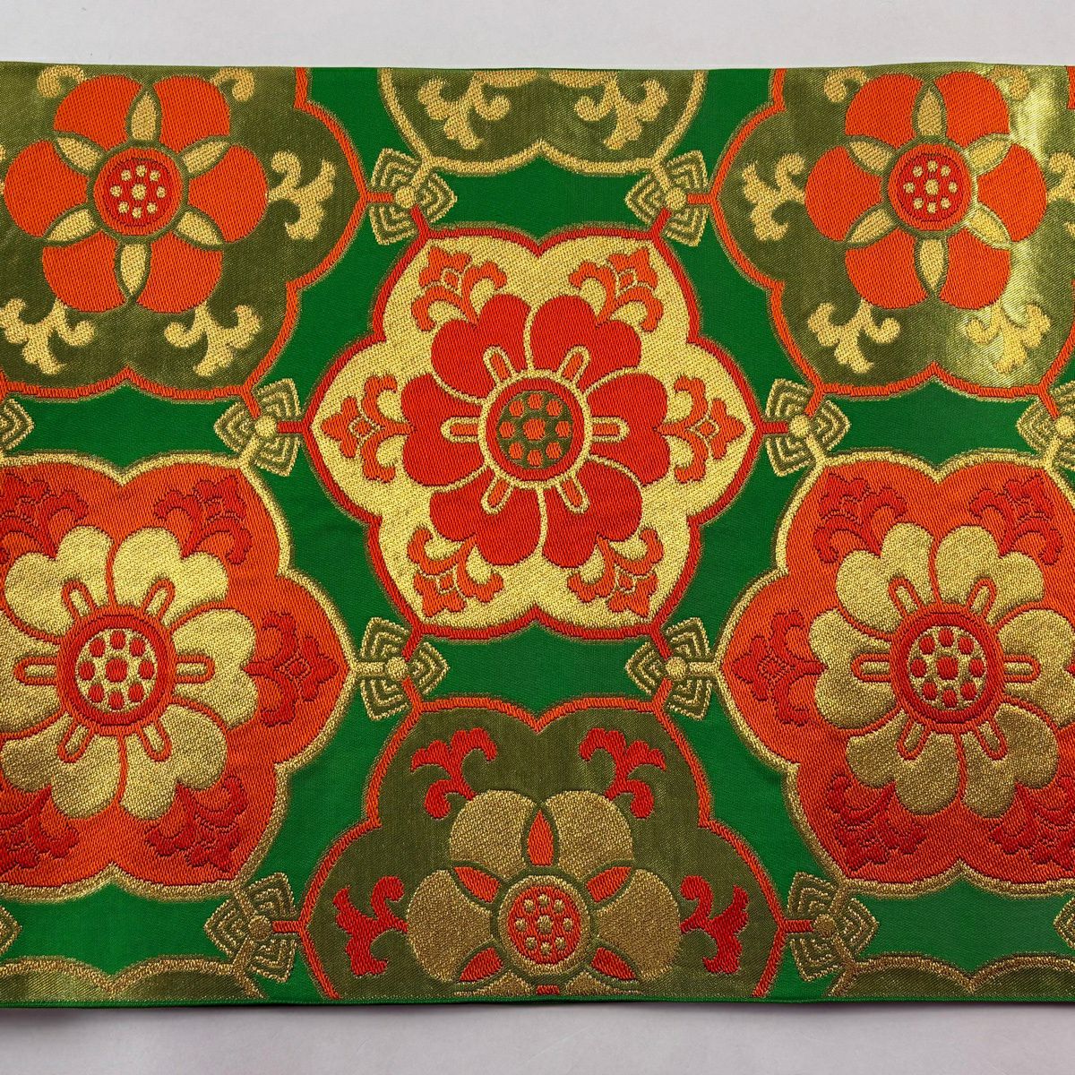 袋帶 秀品級 川島織物 落款 華紋 金絲 刺繡 黃綠 六通 純蠶絲