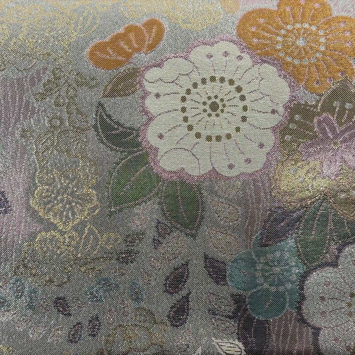 袋帶 秀品級 草花紋紋 金絲 金金箔 淺紫 六通 純蠶絲
