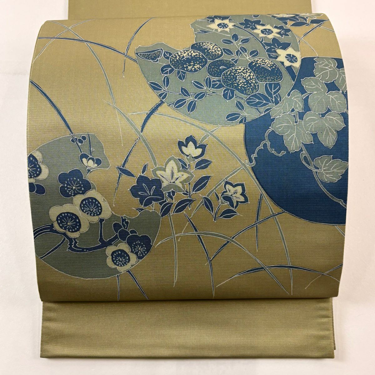 袋帶 秀品級 草花紋紋 芝 茶 綠 純蠶絲