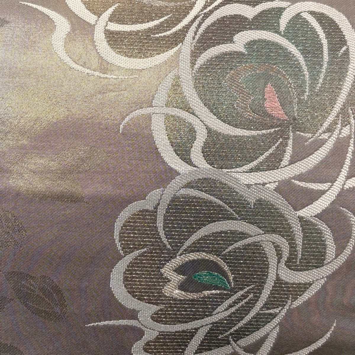 【美品】 袋帶 秀品級 草花紋紋 金金箔 銀線 灰茶 六通 純蠶絲