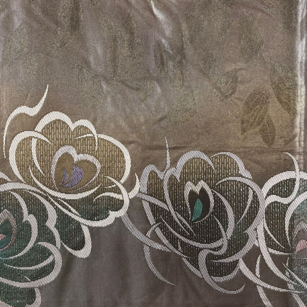 【美品】 袋帶 秀品級 草花紋紋 金金箔 銀線 灰茶 六通 純蠶絲