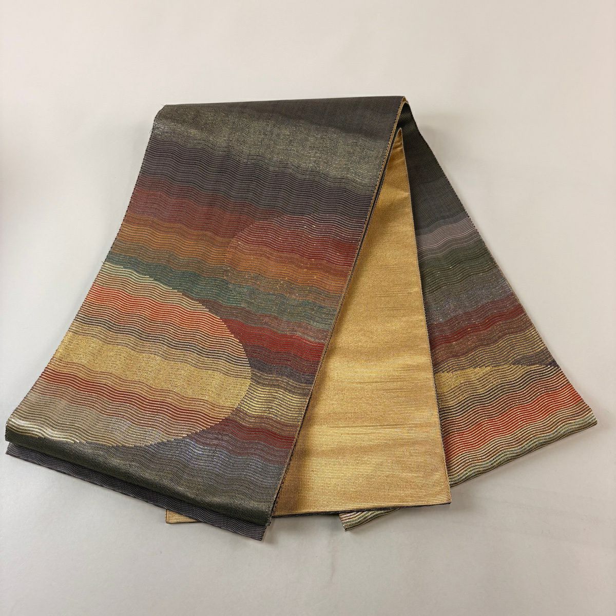 【美品】 袋帶 秀品級 よろけ縞 金金箔 深藍色 お太鼓圖案 純蠶絲