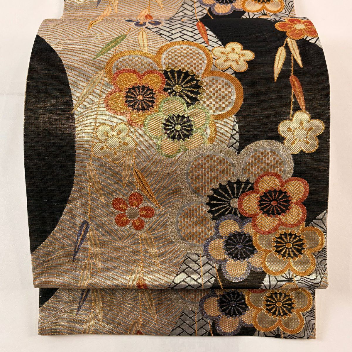 【美品】 袋帶 秀品級 梅花 金金箔 金絲 黑 六通 純蠶絲