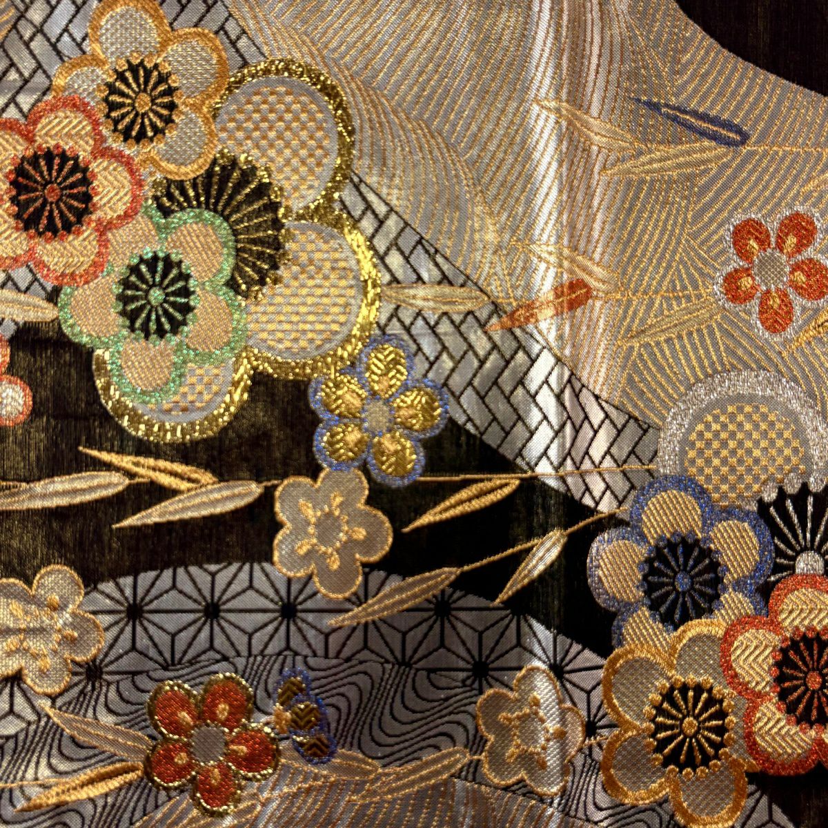 【美品】 袋帶 秀品級 梅花 金金箔 金絲 黑 六通 純蠶絲