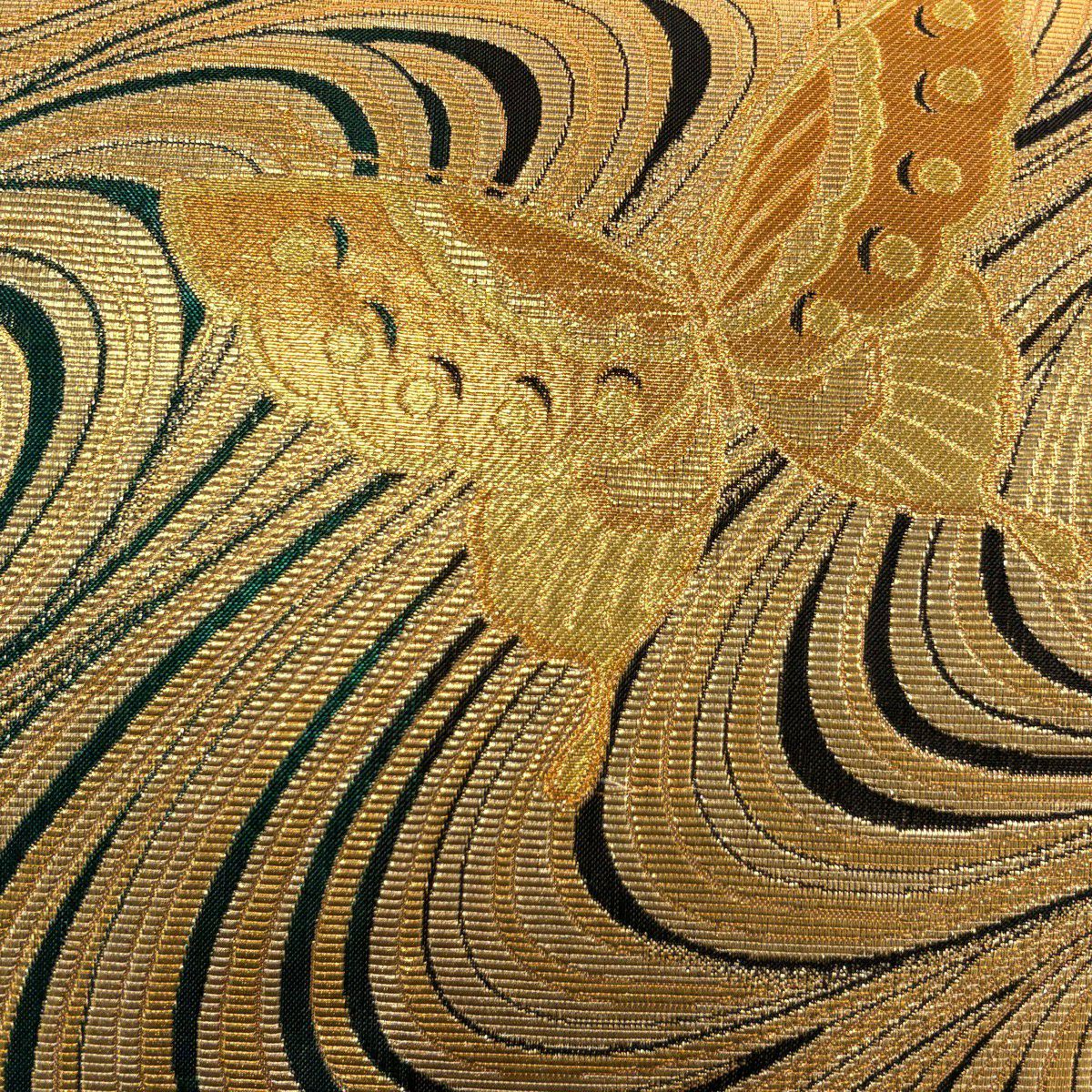 【美品】 袋帶 秀品級 蝴蝶 幾何學 金金箔 金絲 金 六通 純蠶絲