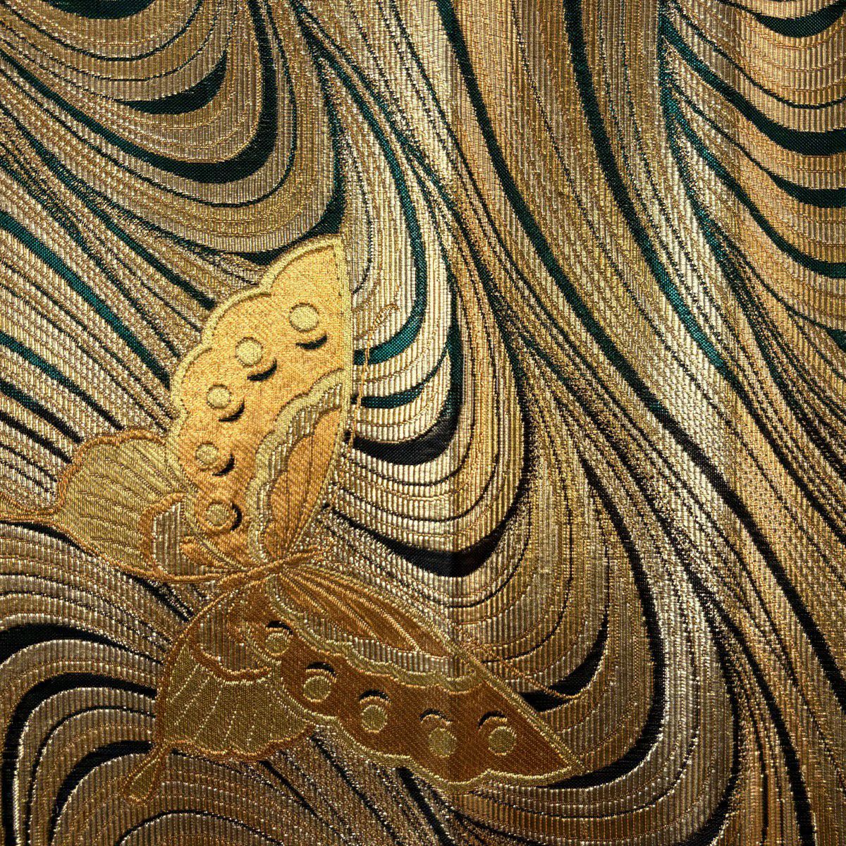 【美品】 袋帶 秀品級 蝴蝶 幾何學 金金箔 金絲 金 六通 純蠶絲
