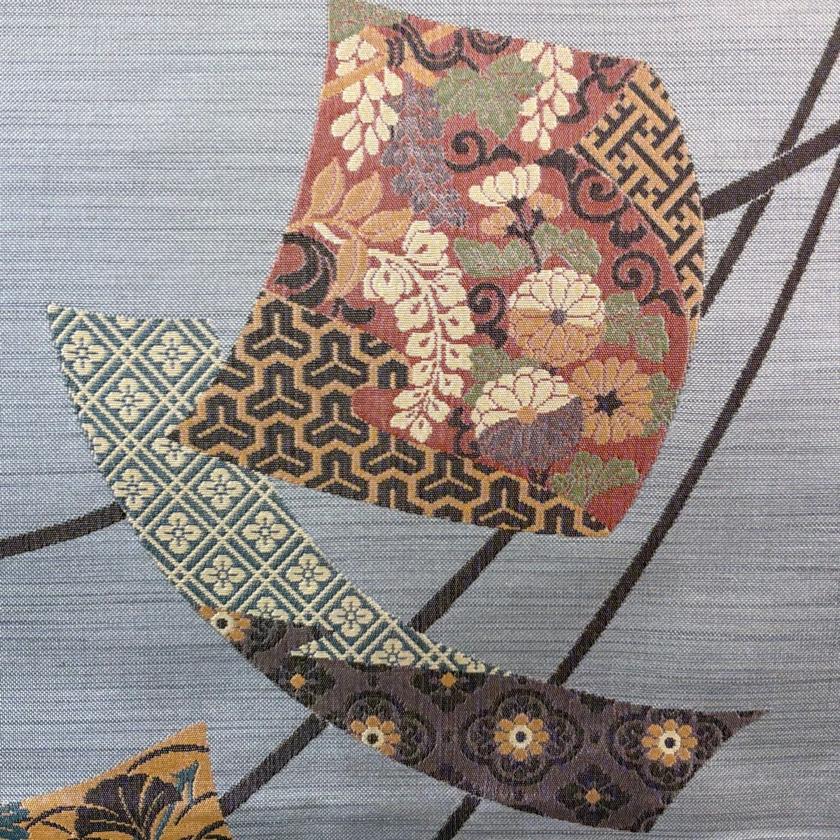 【美品】 袋帶 秀品級 熨斗紋 菊花 青灰 深藍色 六通 純蠶絲