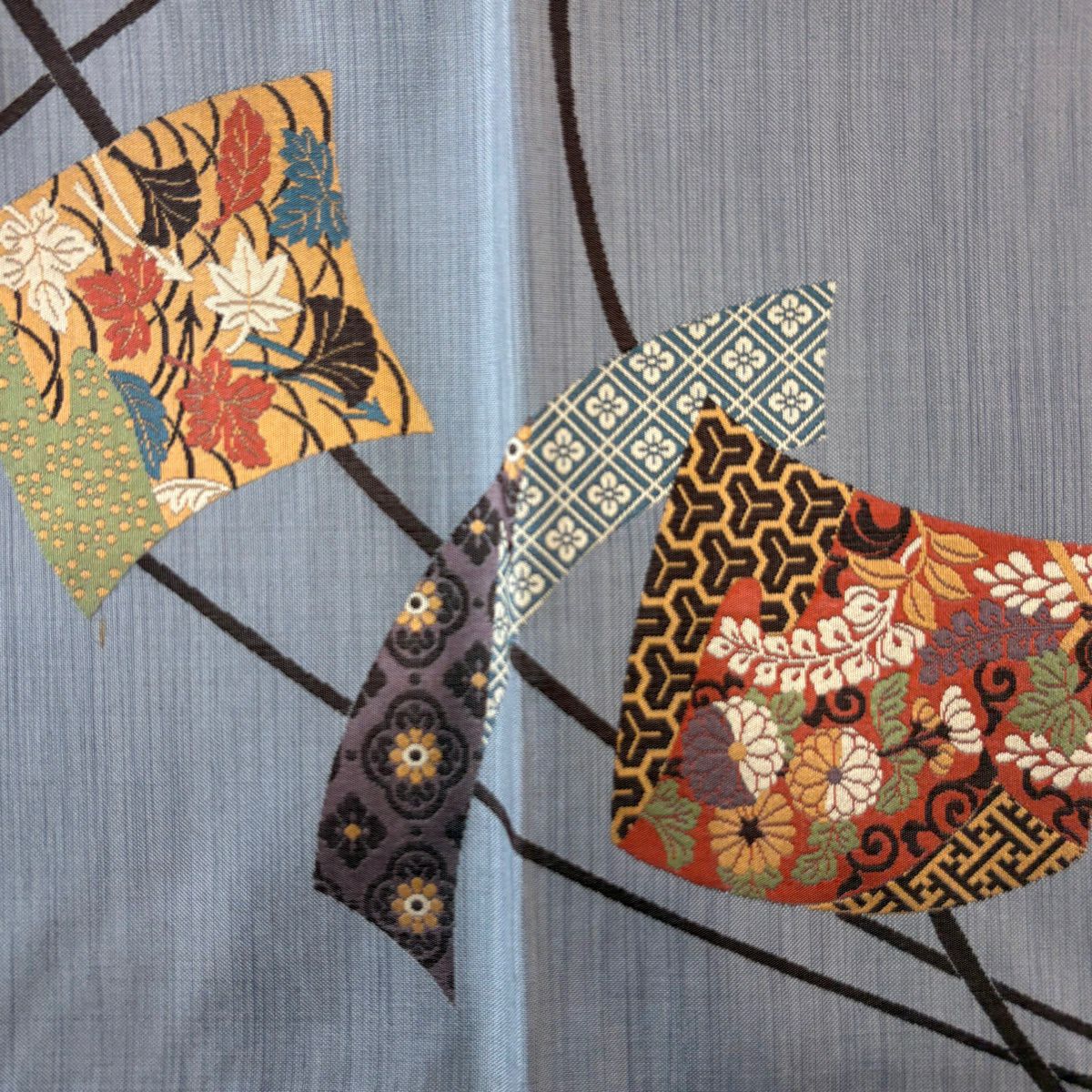 【美品】 袋帶 秀品級 熨斗紋 菊花 青灰 深藍色 六通 純蠶絲