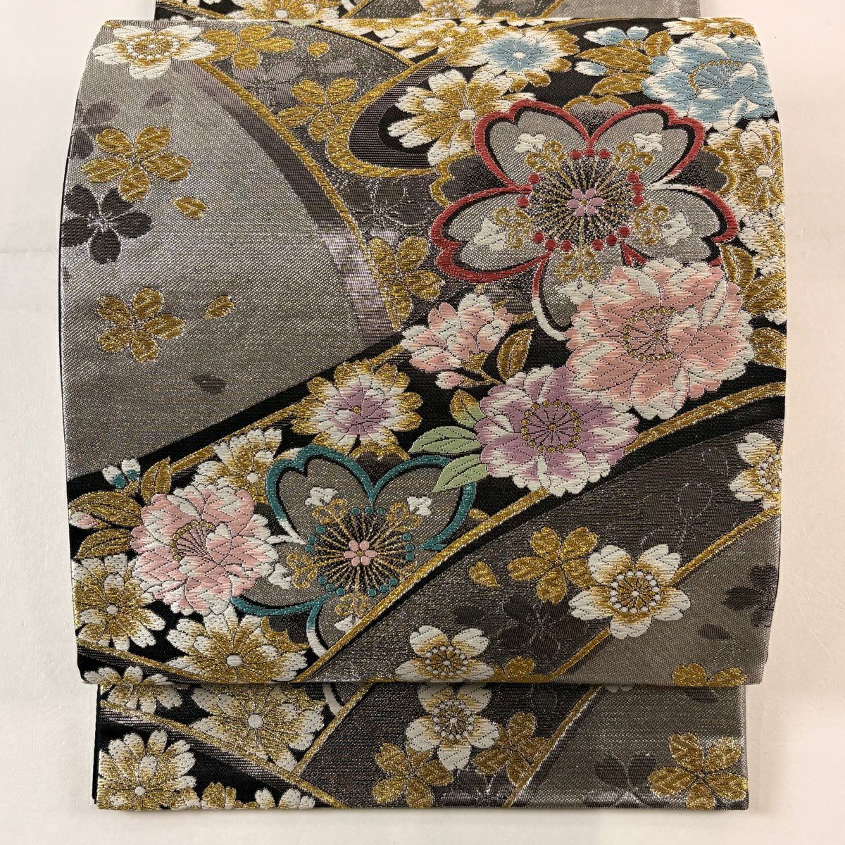 【美品】 袋帶 秀品級 櫻花花瓣 金金箔 金銀彩 黑 六通 純蠶絲