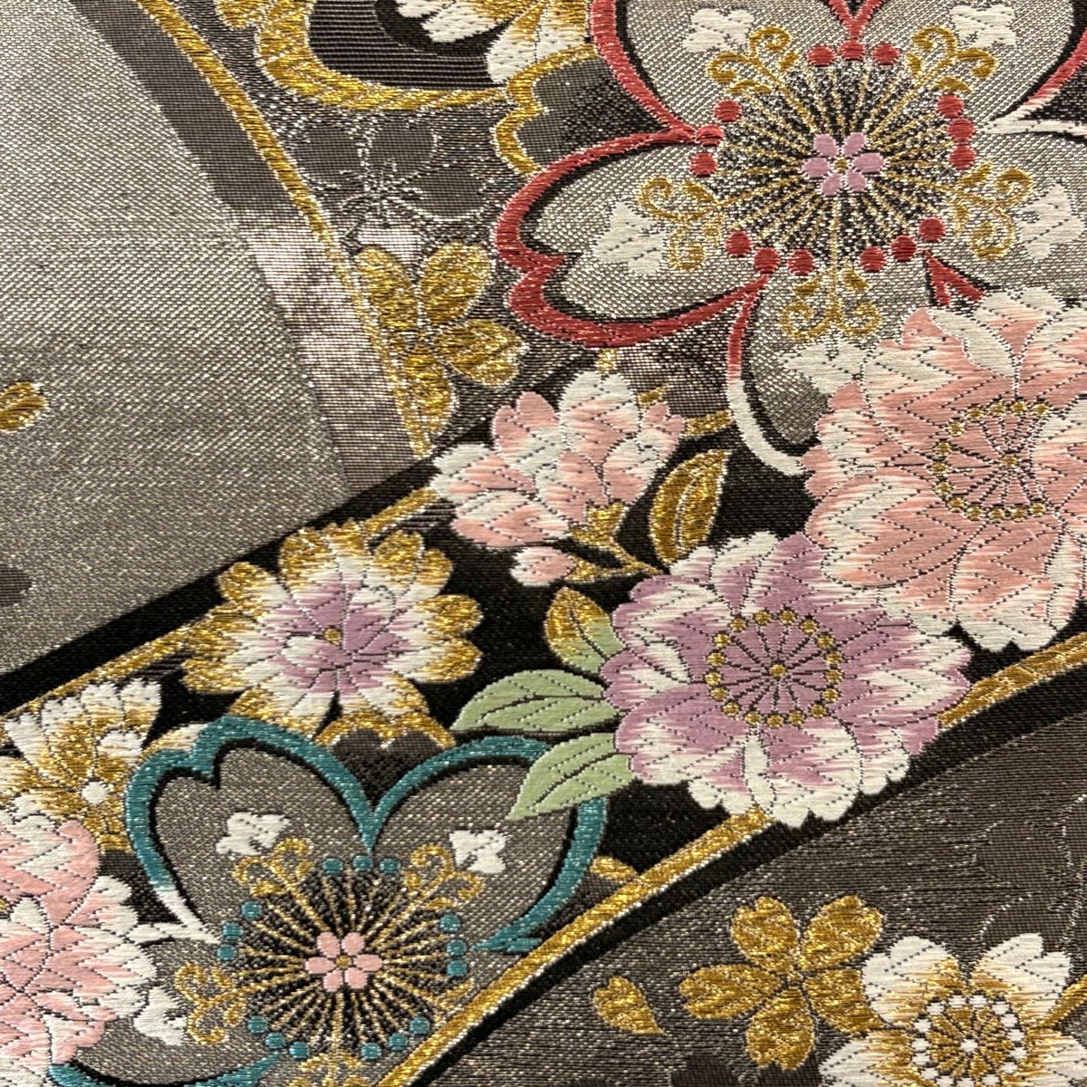 【美品】 袋帶 秀品級 櫻花花瓣 金金箔 金銀彩 黑 六通 純蠶絲