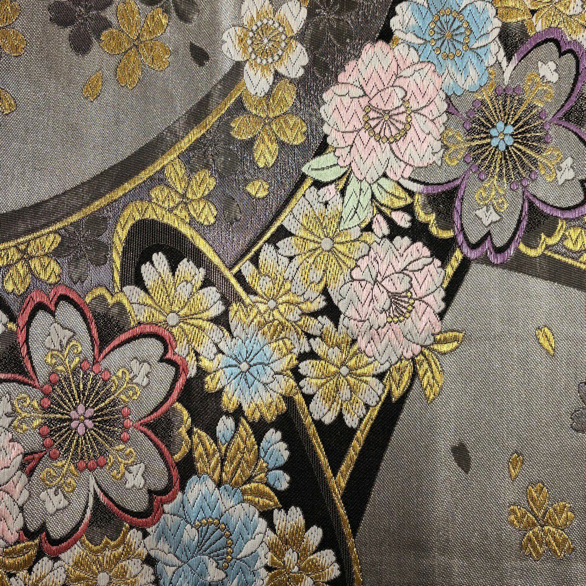【美品】 袋帶 秀品級 櫻花花瓣 金金箔 金銀彩 黑 六通 純蠶絲