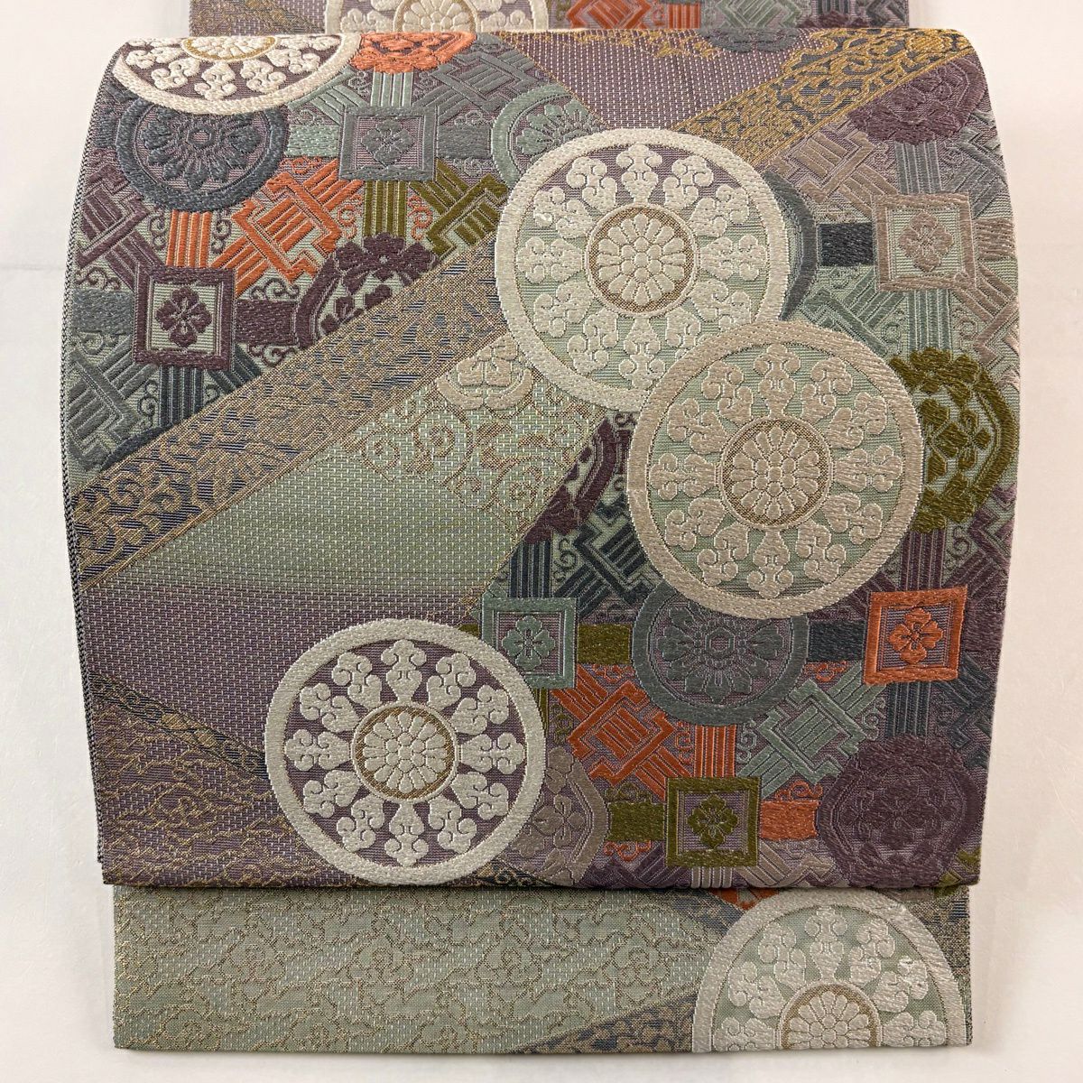 【美品】 袋帶 秀品級 草花紋 唐草紋 金絲 紫 六通 純蠶絲
