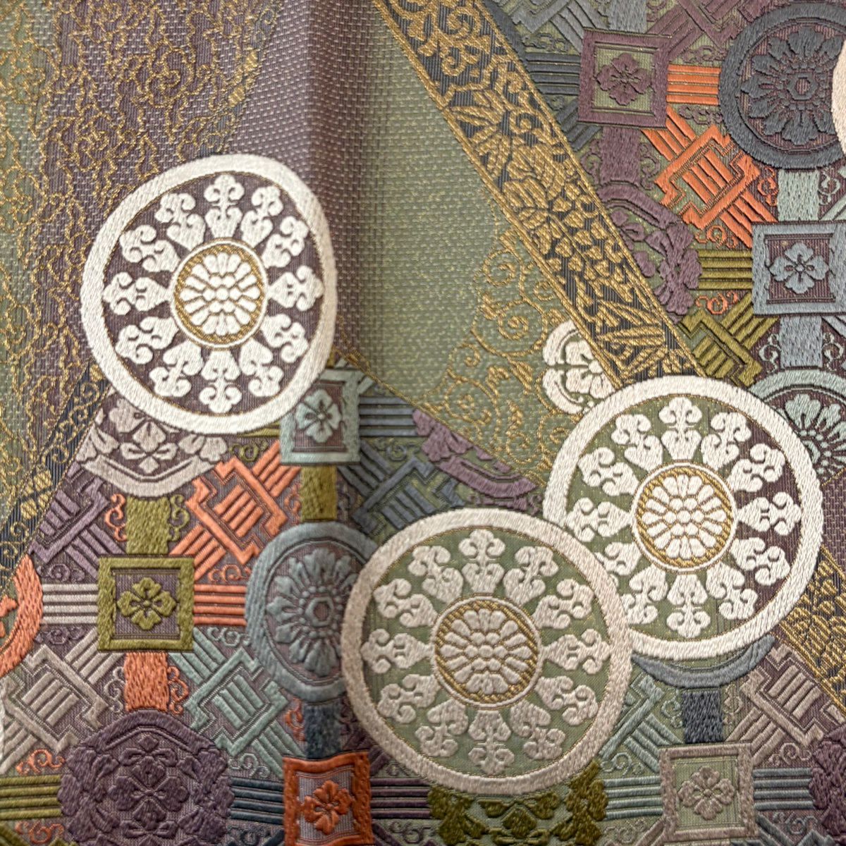 【美品】 袋帶 秀品級 草花紋 唐草紋 金絲 紫 六通 純蠶絲