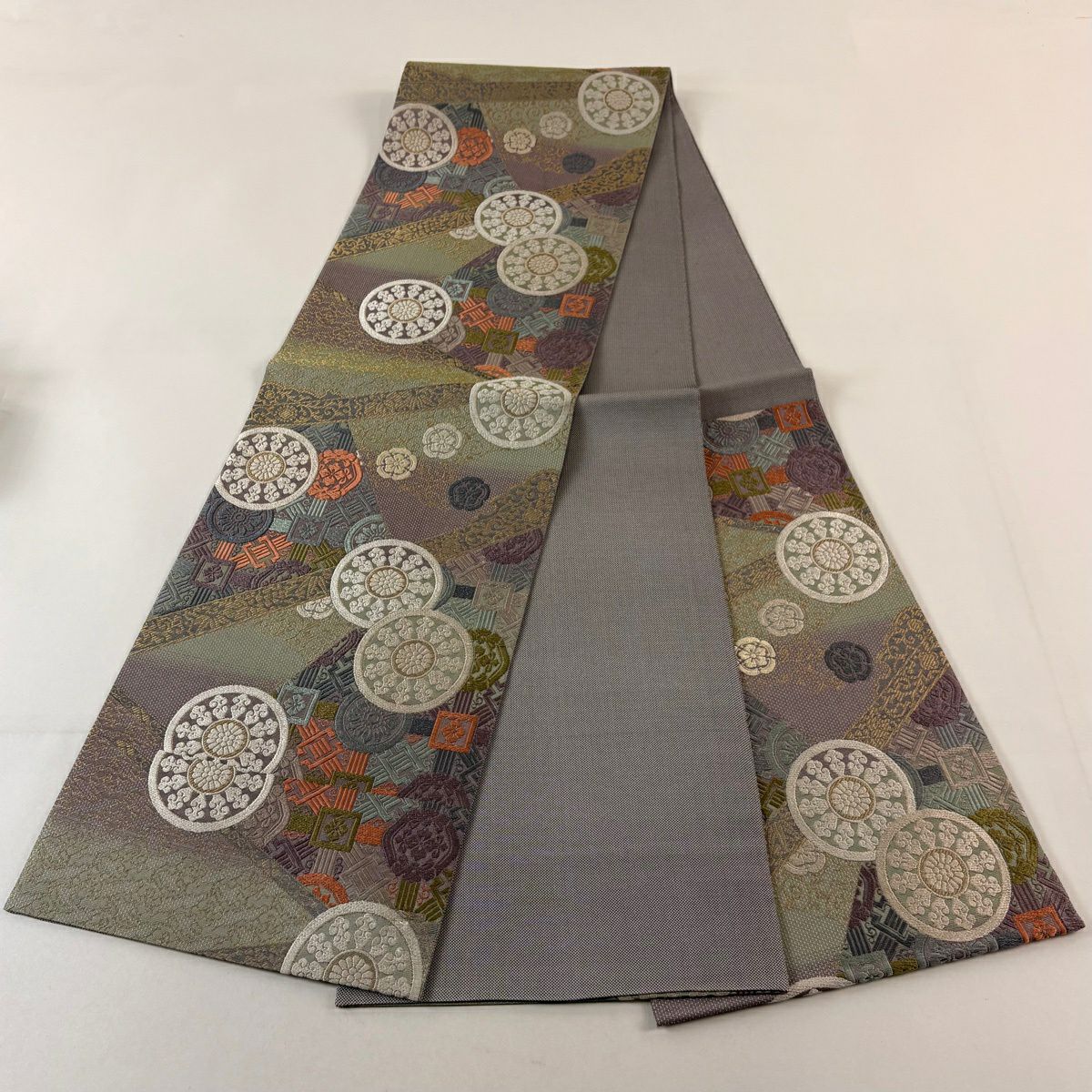 【美品】 袋帶 秀品級 草花紋 唐草紋 金絲 紫 六通 純蠶絲