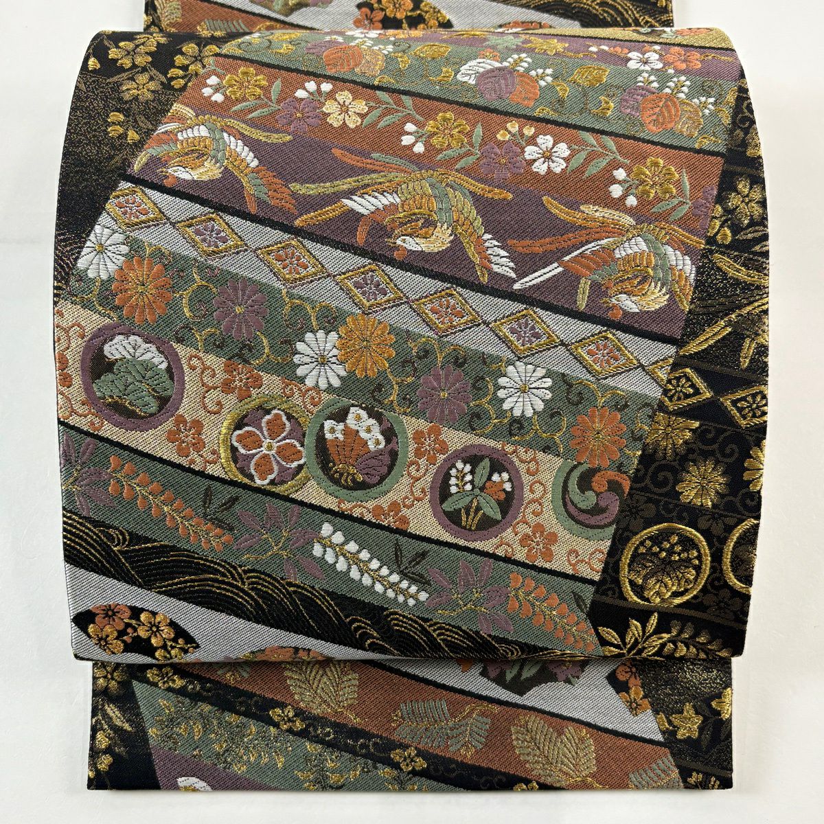 【美品】 袋帶 秀品級 鳳凰 花唐草紋 金糸 金金箔 黑 六通 純蠶絲