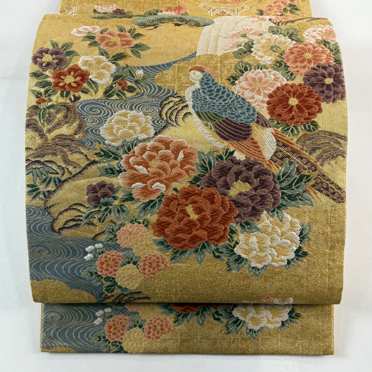 【美品】 袋帶 秀品級 花鳥 松樹竹子梅花 唐織 金金箔 金色 六通 純蠶絲