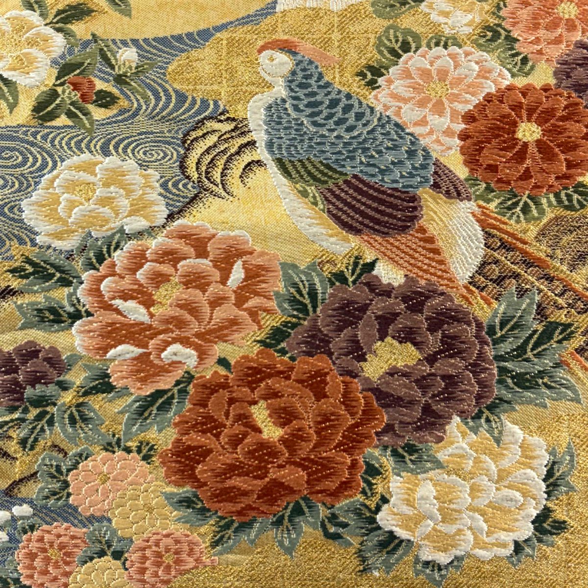 【美品】 袋帶 秀品級 花鳥 松樹竹子梅花 唐織 金金箔 金色 六通 純蠶絲