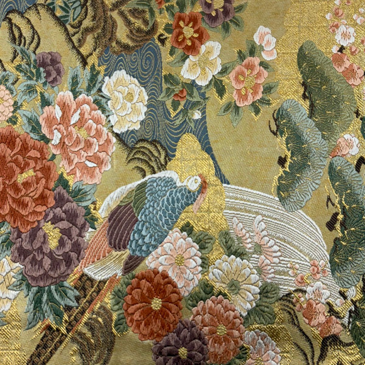 【美品】 袋帶 秀品級 花鳥 松樹竹子梅花 唐織 金金箔 金色 六通 純蠶絲