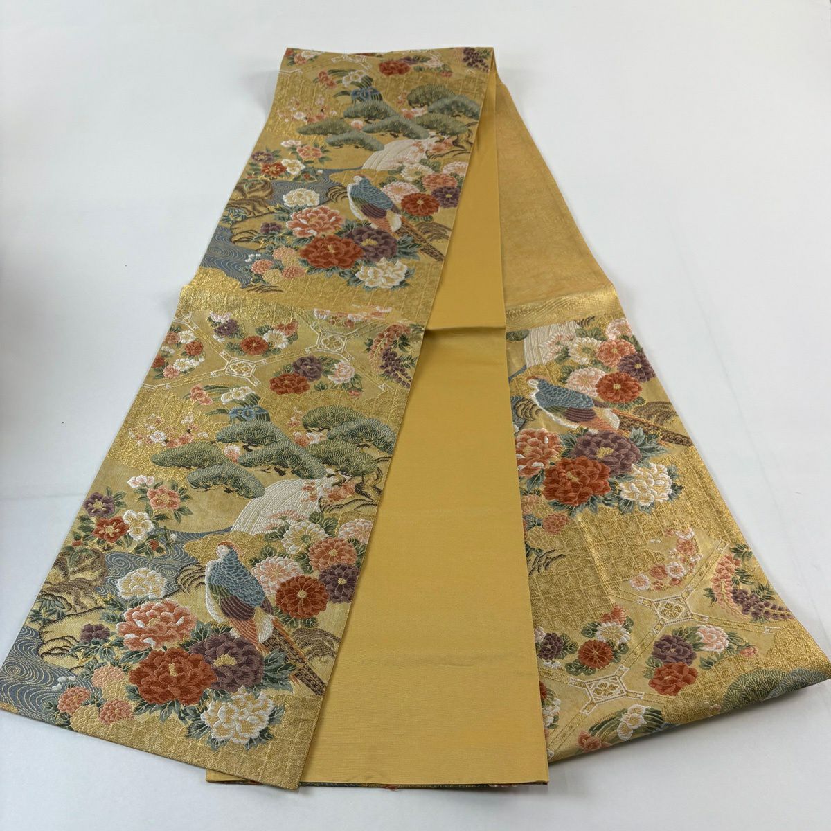 【美品】 袋帶 秀品級 花鳥 松樹竹子梅花 唐織 金金箔 金色 六通 純蠶絲