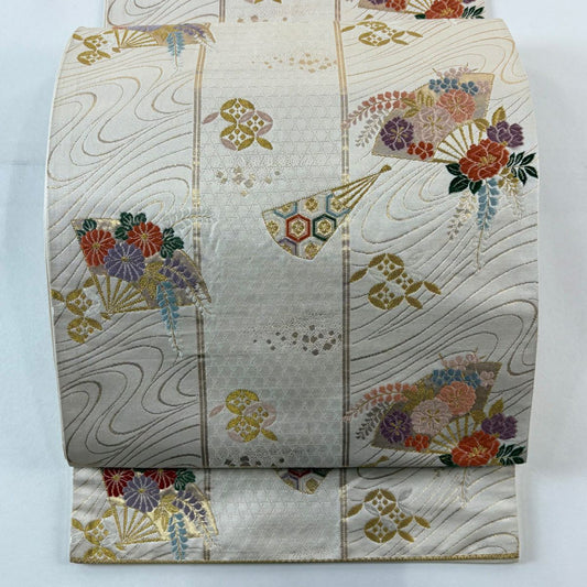 袋帶 秀品級 關西仕立 雙層 扇子 草花紋 金絲 金金箔 奶油 六通 純蠶絲