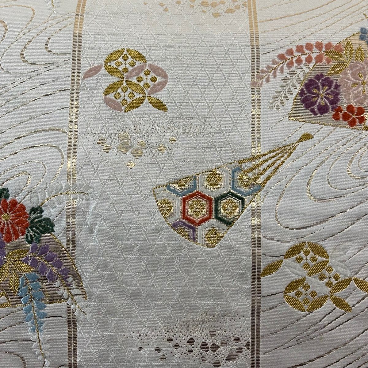 袋帶 秀品級 關西仕立 雙層 扇子 草花紋 金絲 金金箔 奶油 六通 純蠶絲