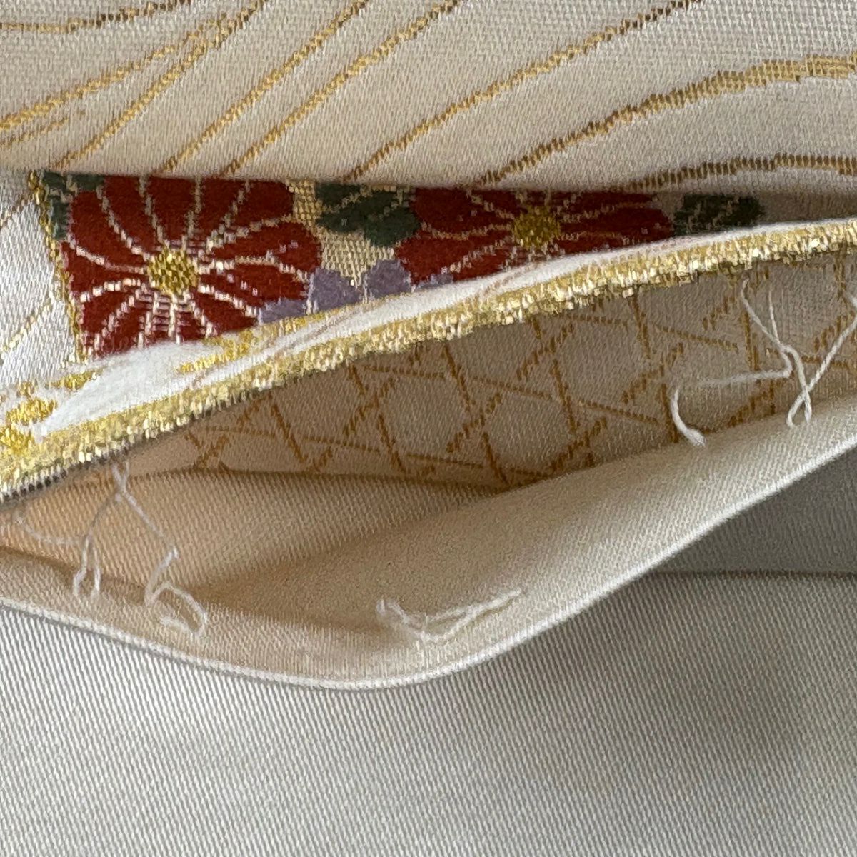 袋帶 秀品級 關西仕立 雙層 扇子 草花紋 金絲 金金箔 奶油 六通 純蠶絲