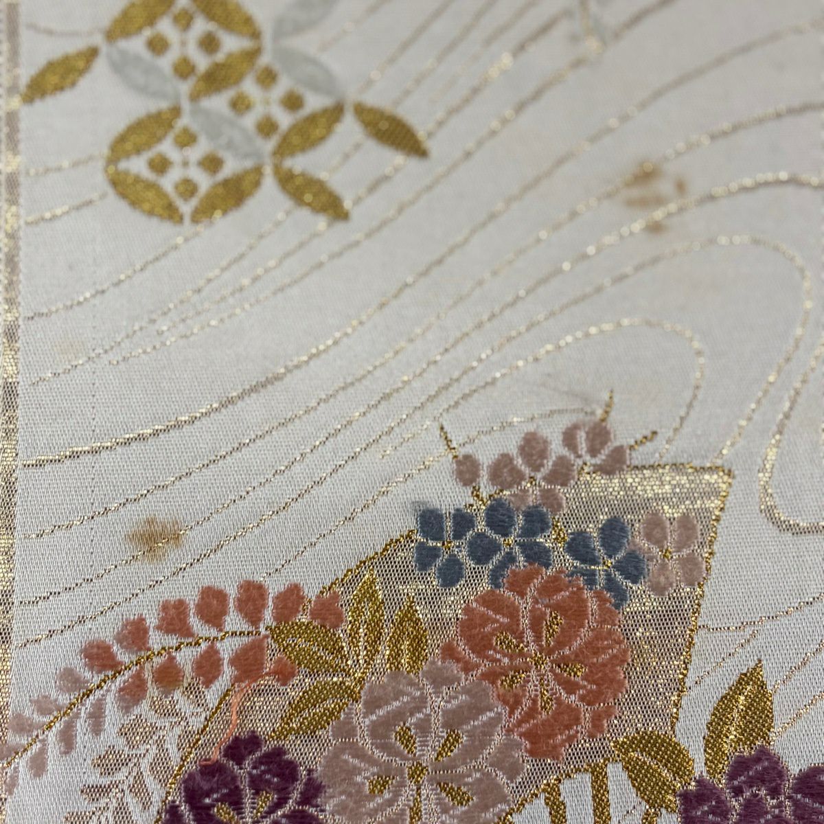 袋帶 秀品級 關西仕立 雙層 扇子 草花紋 金絲 金金箔 奶油 六通 純蠶絲