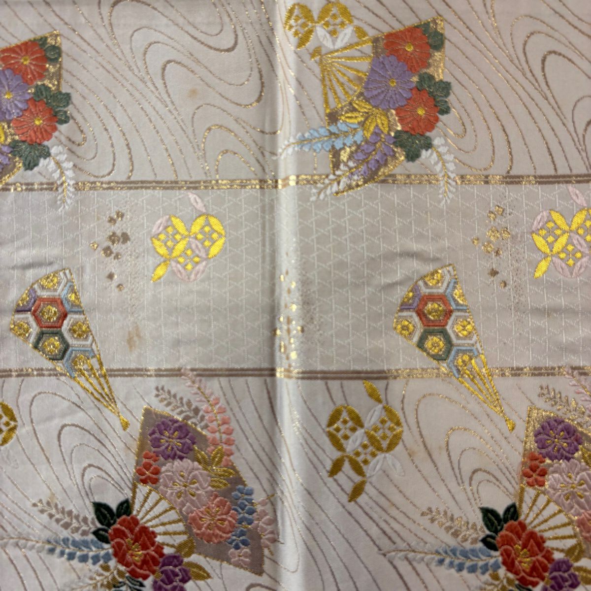 袋帶 秀品級 關西仕立 雙層 扇子 草花紋 金絲 金金箔 奶油 六通 純蠶絲