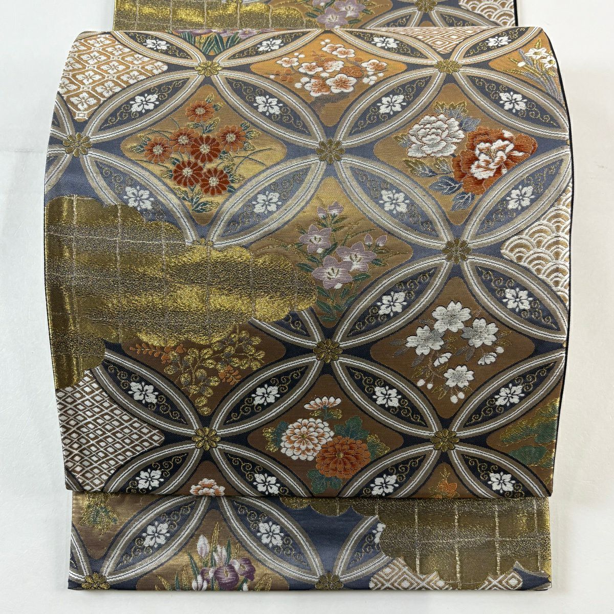 【美品】 袋帶 秀品級 七寶紋 雲文 金絲 金金箔 灰色 六通 純蠶絲
