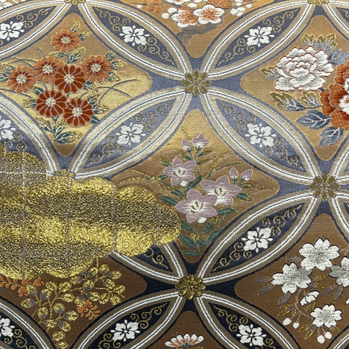 【美品】 袋帶 秀品級 七寶紋 雲文 金絲 金金箔 灰色 六通 純蠶絲