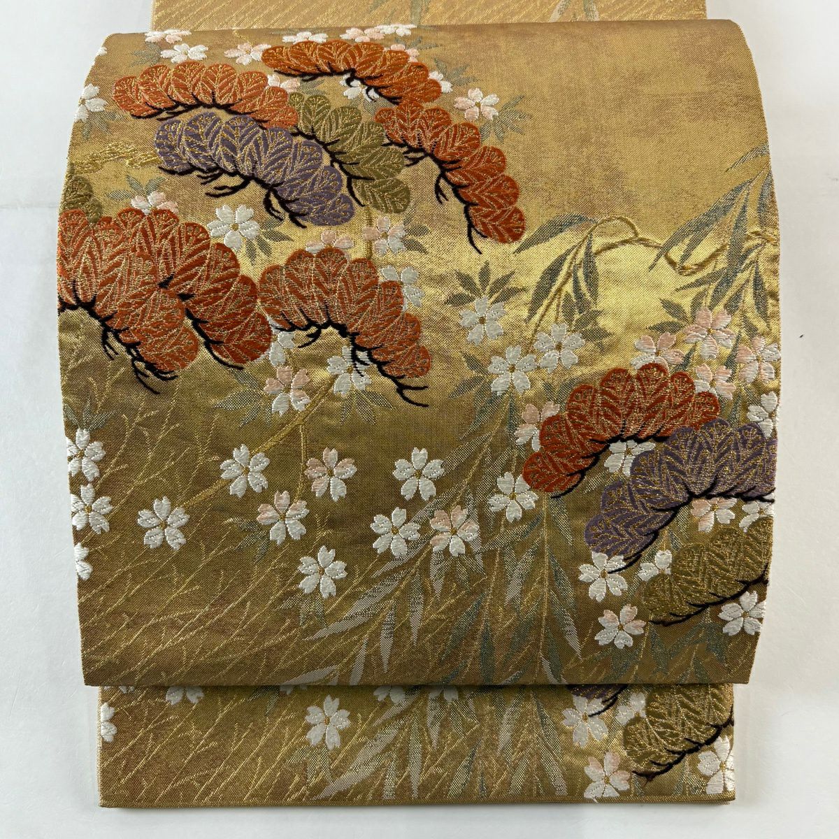 袋帶 秀品級 關西仕立 雙層引金箔 佐賀金銀彩刺繡松樹紋 金絲 金金箔 金色 六通 純蠶絲