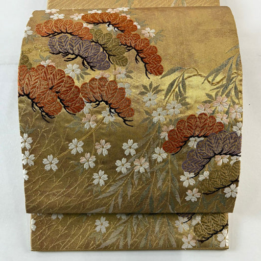 袋帶 秀品級 關西仕立 雙層引金箔 佐賀金銀彩刺繡松樹紋 金絲 金金箔 金色 六通 純蠶絲