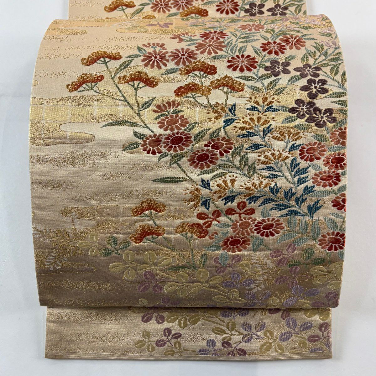 【美品】 袋帶 秀品級 秋草 霞 金絲 金金箔 米色 六通 純蠶絲