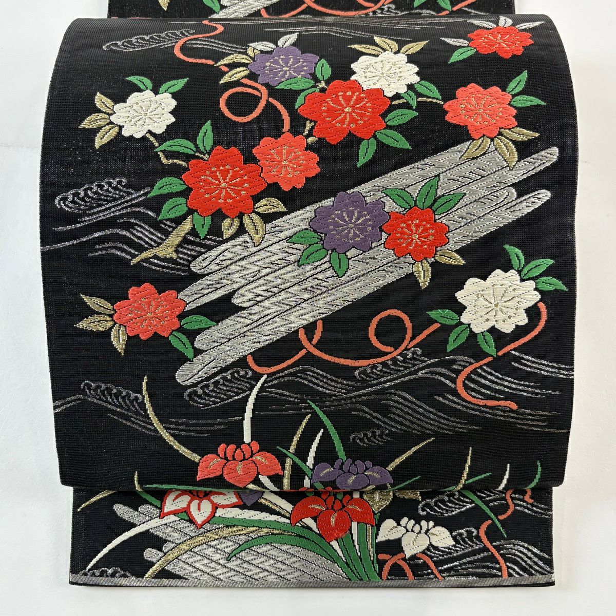 【美品】 袋帶 秀品級 關西仕立 花筏 波 唐織 金金箔 黑 六通 純蠶絲