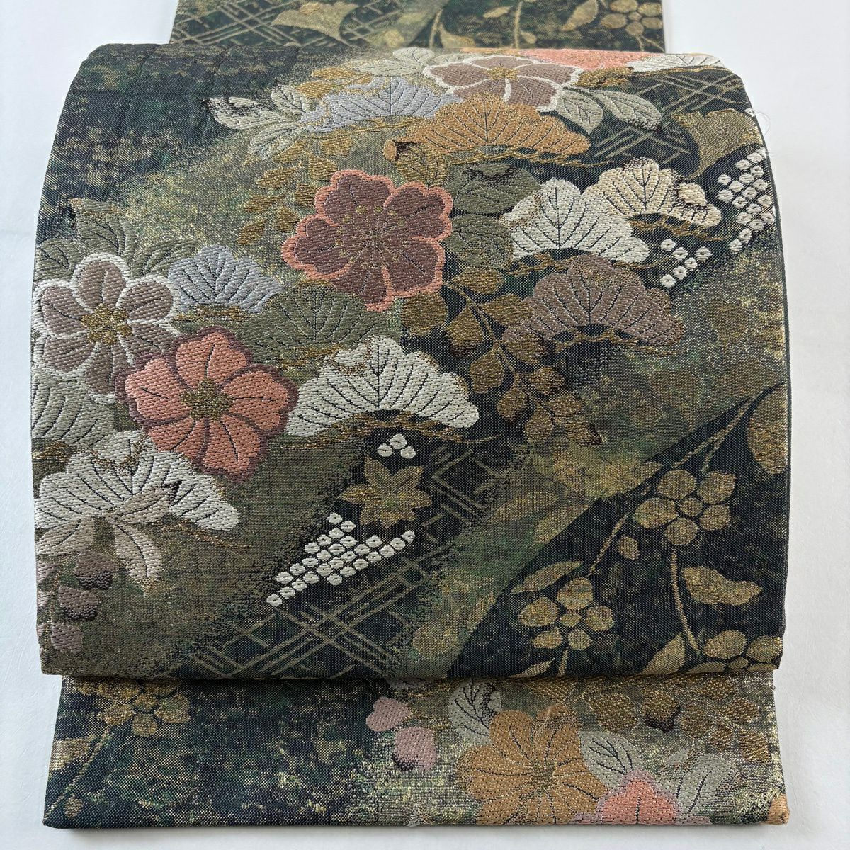 【美品】 袋帶 秀品級 草花紋紋 松樹 金絲 金銀彩 深綠 六通 純蠶絲