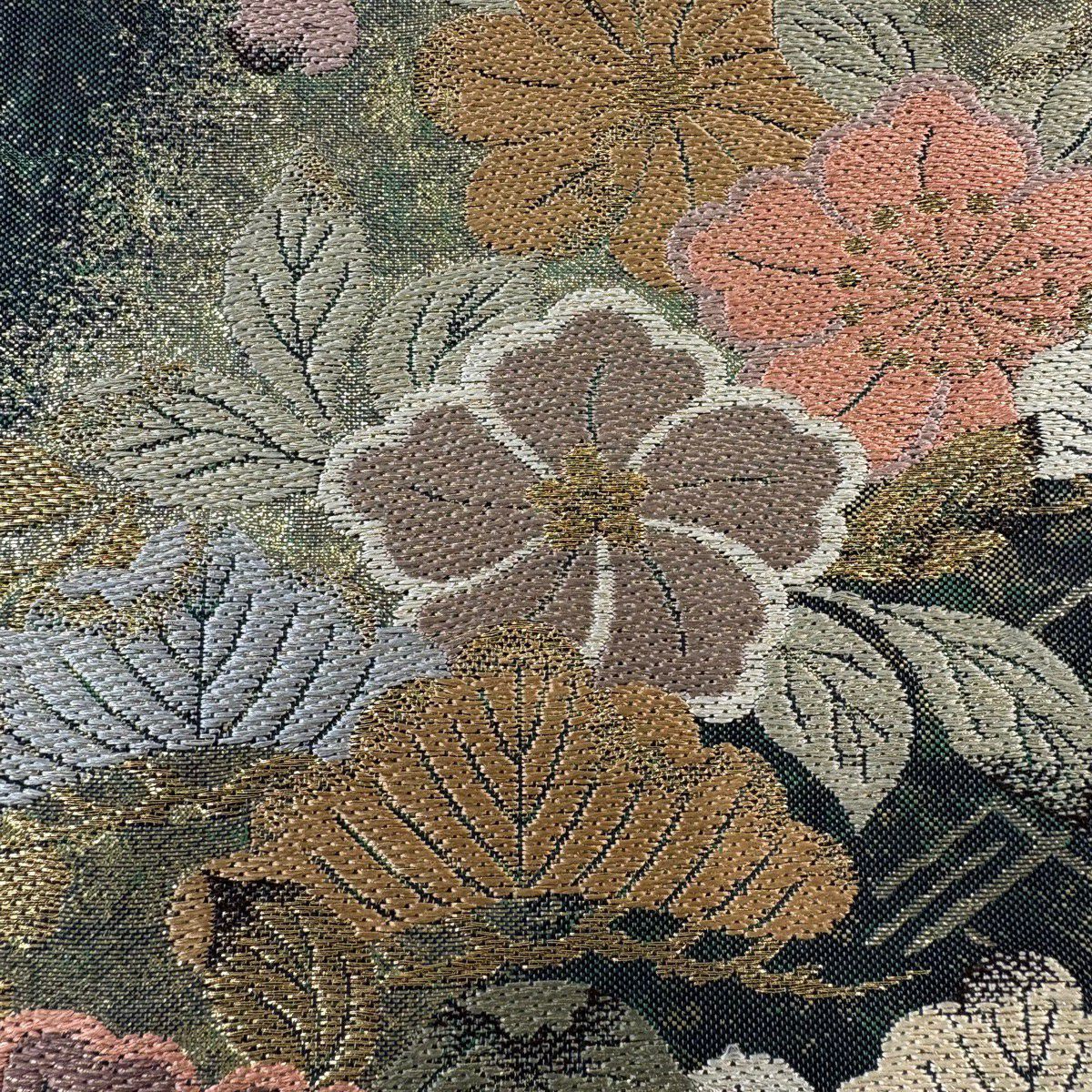 【美品】 袋帶 秀品級 草花紋紋 松樹 金絲 金銀彩 深綠 六通 純蠶絲