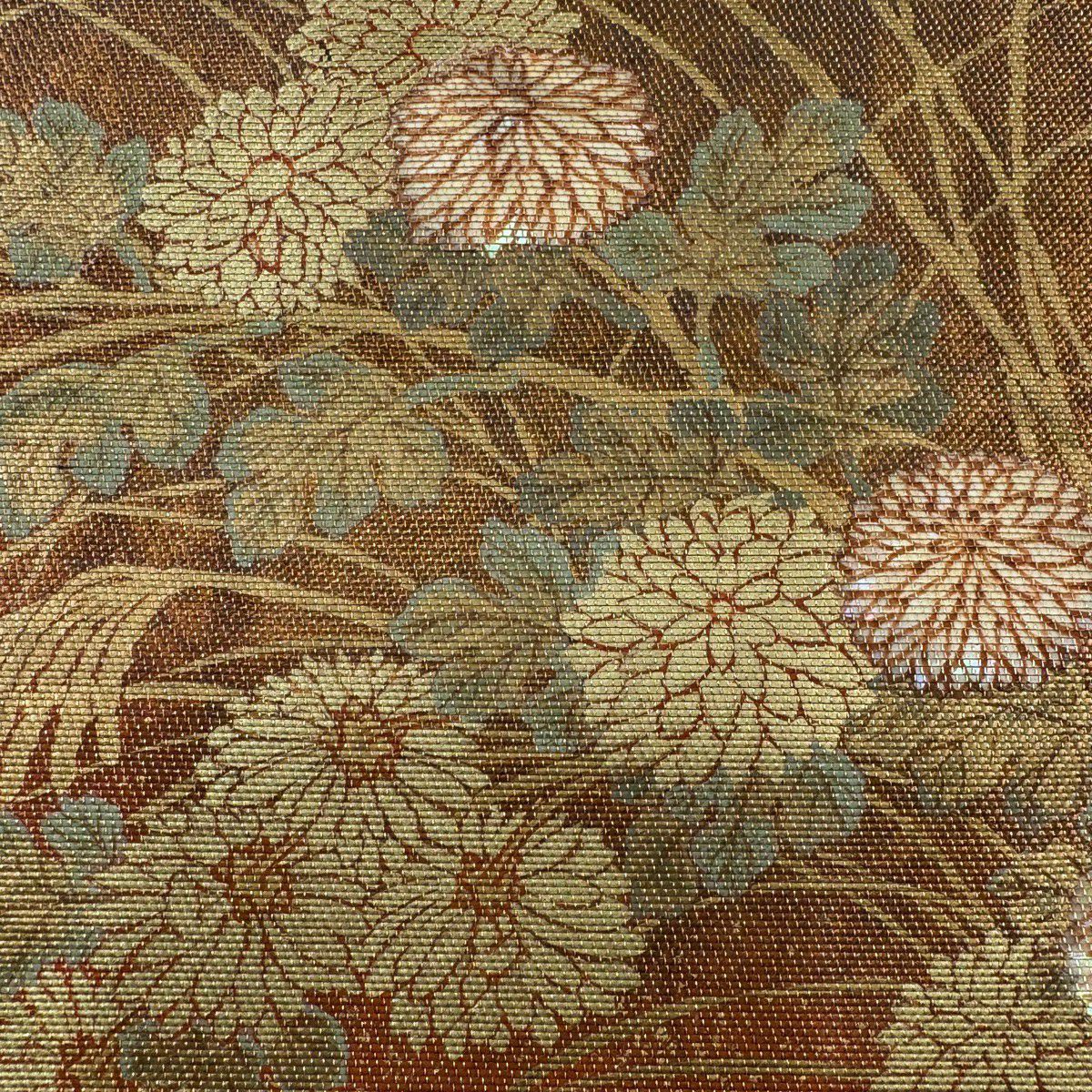 袋帶 秀品級 菊花 流水 金金箔 金銀彩 紅茶 大鼓圖案 純蠶絲
