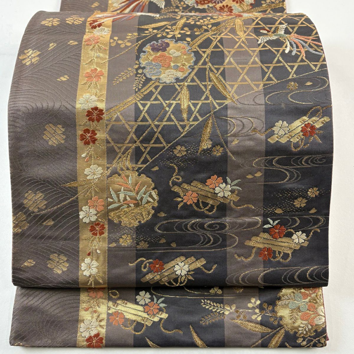 袋帶 秀品級 雪輪 花筏 金絲 金金箔 灰茶 六通 純蠶絲