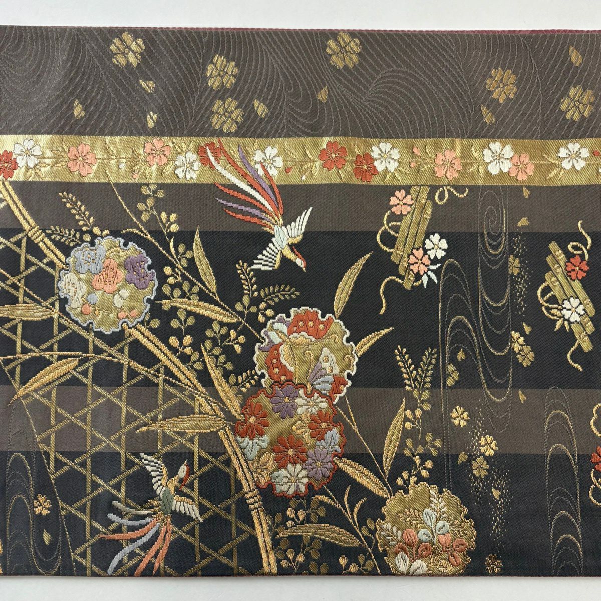 袋帶 秀品級 雪輪 花筏 金絲 金金箔 灰茶 六通 純蠶絲