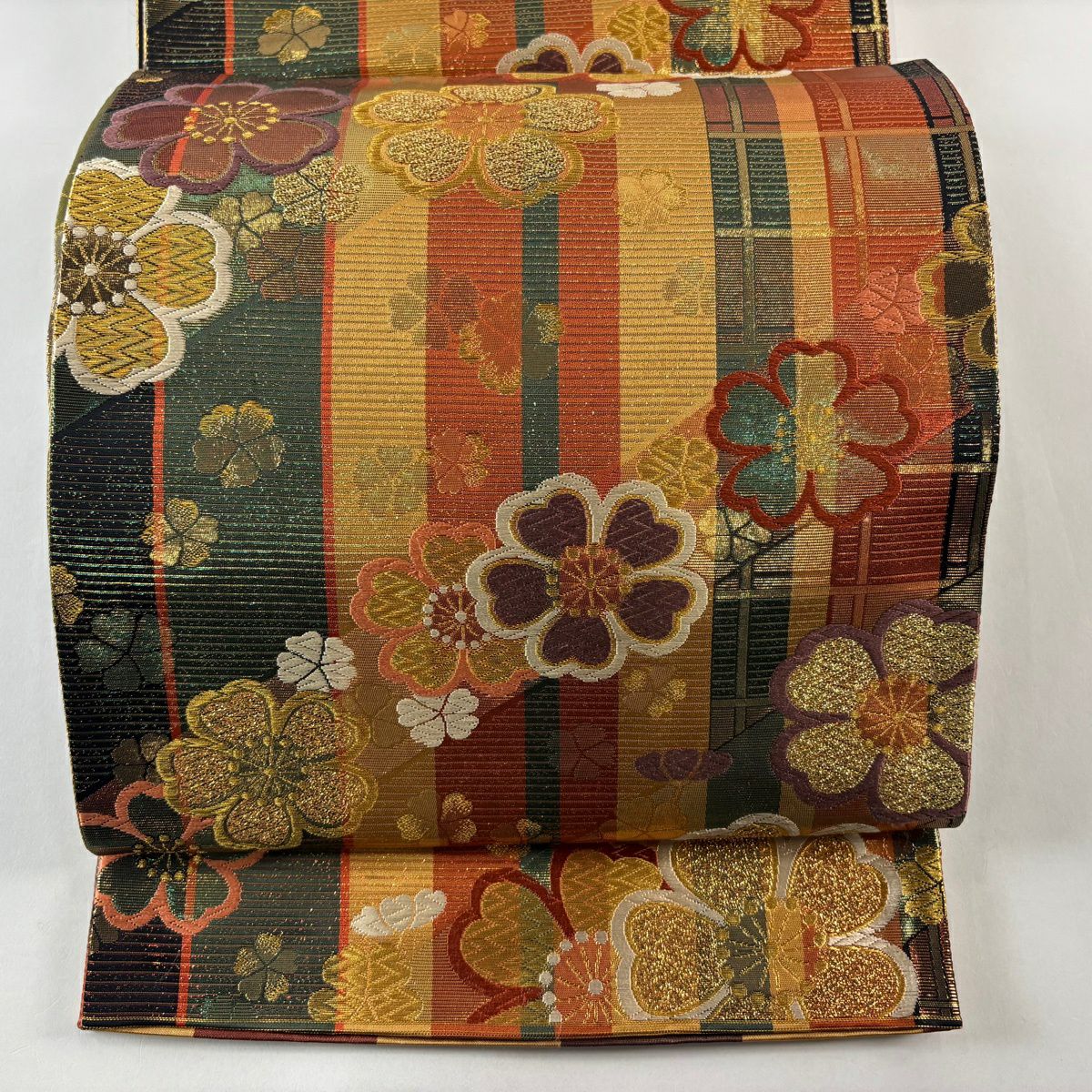 【美品】 袋帶 秀品級 花 縞 金絲 金金箔 山吹茶 六通 純蠶絲