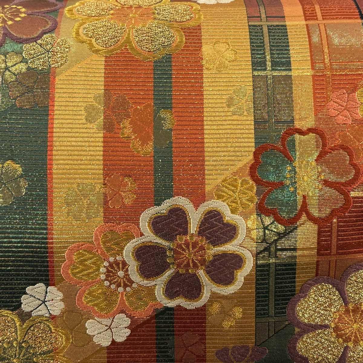【美品】 袋帶 秀品級 花 縞 金絲 金金箔 山吹茶 六通 純蠶絲