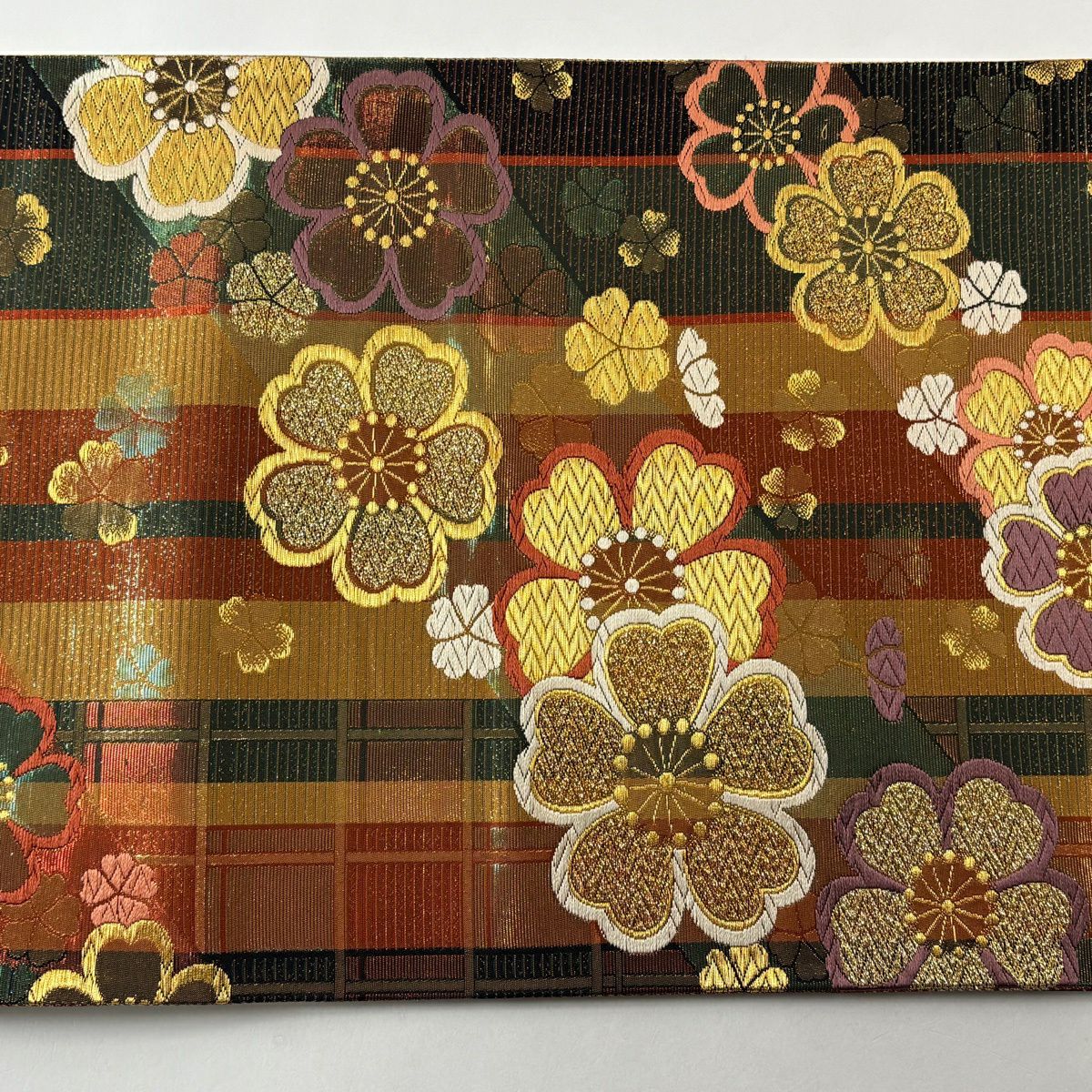 【美品】 袋帶 秀品級 花 縞 金絲 金金箔 山吹茶 六通 純蠶絲
