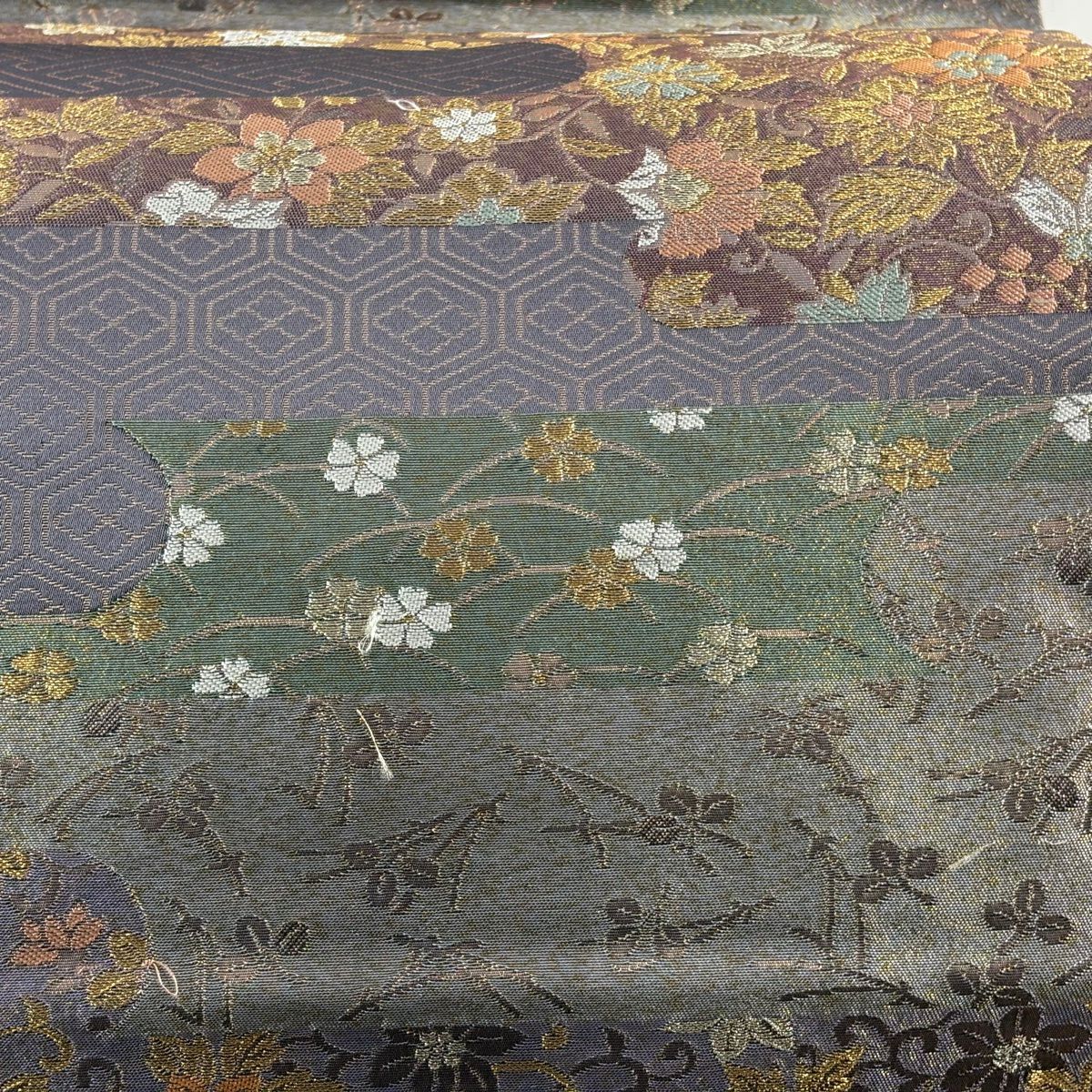 【美品】 袋帶 秀品級 草花紋紋 有職文樣 金絲 金金箔 紫 六通 純蠶絲