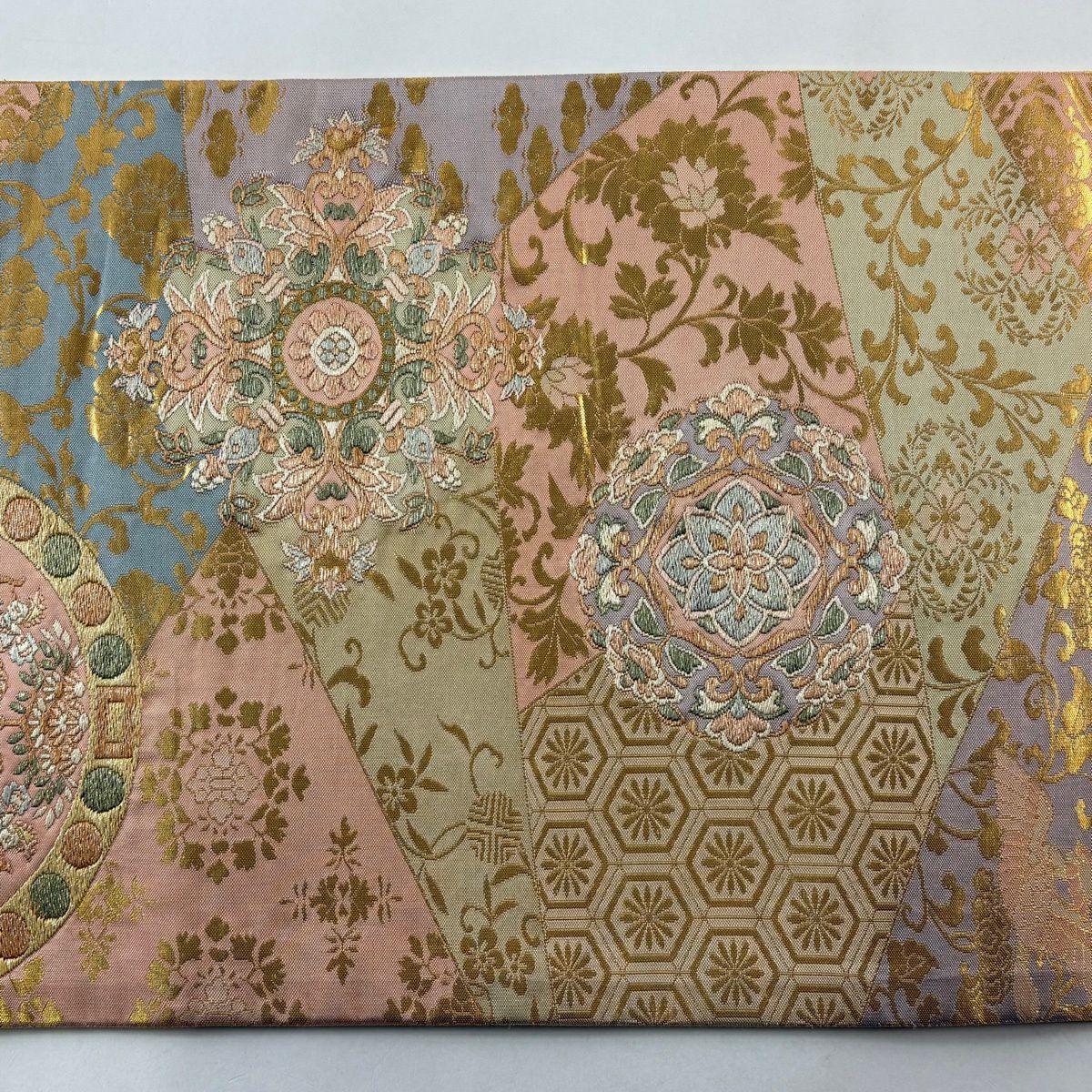 【美品】 袋帶 秀品級 狩獵文 華紋 金金箔 刺繡 粉色 六通 純蠶絲