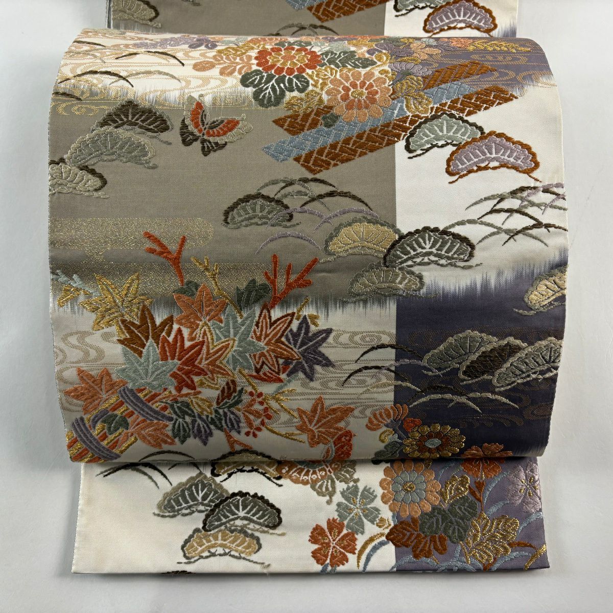 袋帶 秀品級 花筏 蝶 金金箔 唐織 奶油 六通 純蠶絲