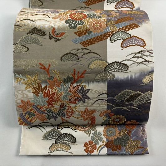 袋帶 秀品級 花筏 蝶 金金箔 唐織 奶油 六通 純蠶絲
