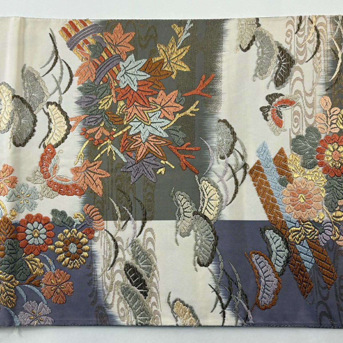 袋帶 秀品級 花筏 蝶 金金箔 唐織 奶油 六通 純蠶絲